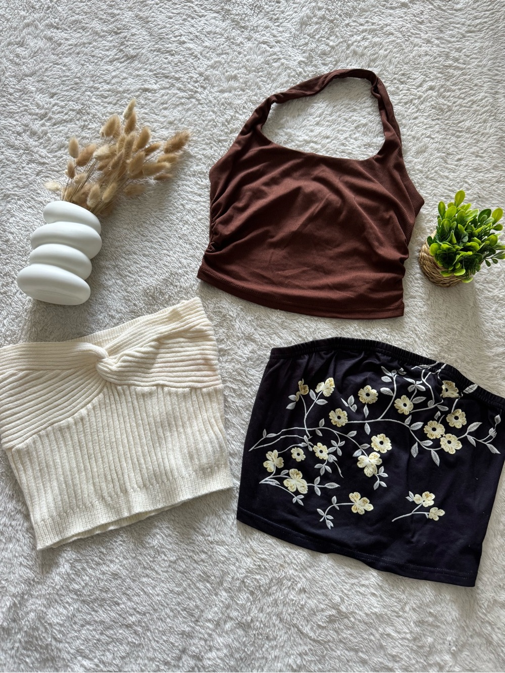 3-Piece Crop Top Bundle Brown Cream & Floral Black Size L – New